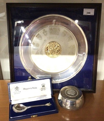 Lot 346 - Group of three Royal commemorative silver items to include a spoon, trinket pot and a charger (3)
