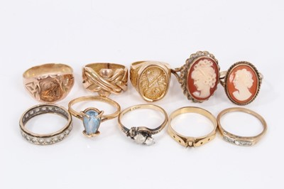 Lot 352 - Two 9ct gold cameo rings, 9ct gold signet ring, one other 9ct gold gem set ring, ring stamped 18 and five other yellow metal rings (10)