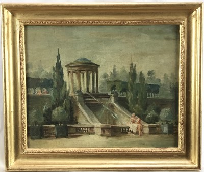 Lot 12 - Continental School late 19th Century 
An elegant couple and their dog on a wall below 
a temple, in gilt frame. 31 x 39cm.
