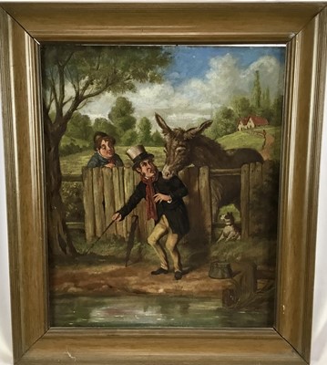 Lot 16 - Irish School late 19th Century, oil on board,  
A poacher being caught fishing by a gamekeeper, 
his dog and a donkey, in wooden 
frame. 37 x 30cm.