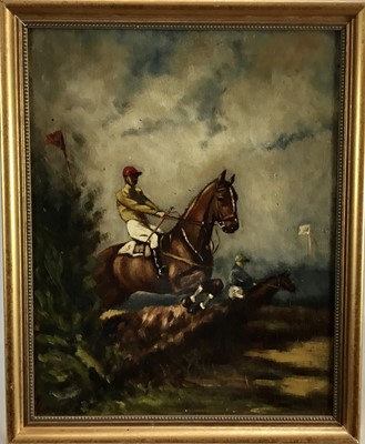 Lot 11 - Charles Grimme, oil on panel, 
"The Point to Point Race", signed 
and inscribed verso, in gilt frame. 39 x 30cm.