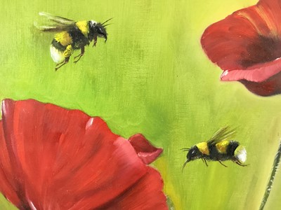 Lot 20 - Vivek Mandalia, oil on artist board, 
"Bees & Poppies", signed, 
in gilt frame. 29 x 28cm.