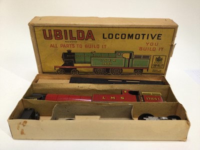 Lot 34 - Chad Valley UBILDA tinplste construction kit in original box plus miniature tinplate and other railway models (QTY)