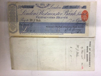 Lot 1437 - One box of Duke of Devonshires Chatsworth Estate late 19th / early 20th C. cheques etc.