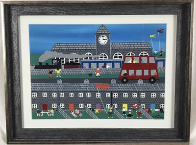 Lot 196 - Gordon Barker (b.1960) acrylic on paper - Terrace Houses, signed, 24cm x 34cm, in glazed frame