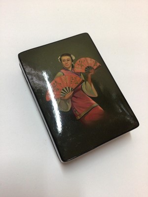 Lot 2481 - Russian lacquered snuff box, hand painted with a girl holding fans, signed and dated