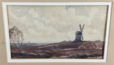Lot 280 - Edwin Harris watercolour - Sussex windmills, 25cm x 15cm in glazed frame