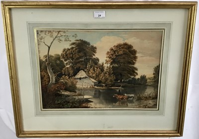Lot 1223 - Attributed to John Glover (1767-1849) watercolour - cattle and cottage, 44cm x 31cm in glazed frame