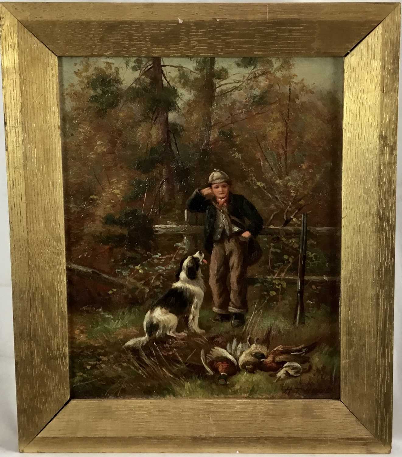 Lot 40 - H. T. Hunt oil on canvas - Boy and dog with pheasants, 20cm x 24cm, framed