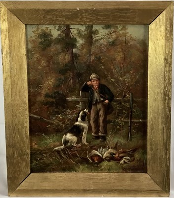 Lot 40 - H. T. Hunt oil on canvas - Boy and dog with pheasants, 20cm x 24cm, framed