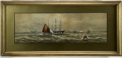 Lot 34 - E Adam a pair of watercolours - coastal seascapes, signed, images 53cm x 17cm, framed (2)