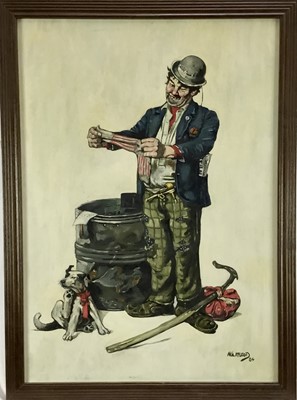Lot 21 - Neil McLeod. A tramp and his dog at a bin, oil on board, signed and dated '84, in wooden frame. 68 x 48cm.