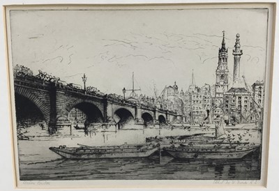 Lot 56 - William Monk (1863-1937) signed etching - London Bridge, titled and signed in pencil, 19cm x 26.5cm, mounted