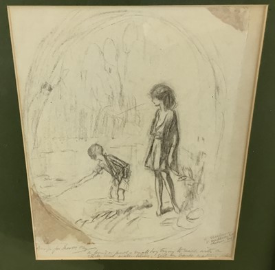 Lot 236 - Claude Allin Shepperson (1867-1921) pencil sketch design, two figures, signed and inscribed, 29cm x 23cm, in glazed frame