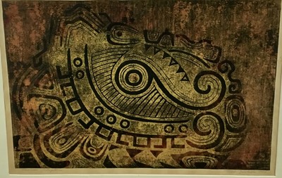 Lot 53 - Japanese School, mid 20th century, woodblock - Mexican Sculpture, indistinctly signed and dated 1956, 33cm x 47cm