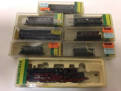 Lot 209 - Minitrix N gauge 2-6-2 locomotive and tender 23015, plus a selection of carriages nd rolling stock (QTY)