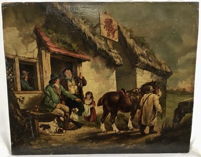 Lot 1220 - After George Morland, oil on panel figures beside a tavern