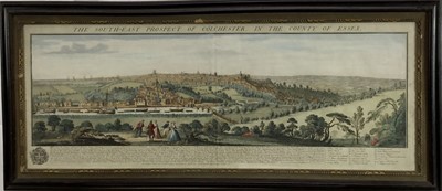 Lot 122 - Samuel and Nathaniel Buck mid-eighteenth century hand coloured engraving - The South-East Prospect of Colchester, published 1741, in glazed frame, 32cm x 82cm