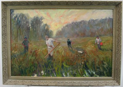 Lot 266 - Kevin Nolar (Contemporary) oil on canvas, On the Marshes Clearing Dykes, signed and titled verso, 62 x 92cm, framed