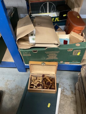 Lot 243 - Quantity of stamps, pair of binoculars, Pulsar wristwatch and a wooden Staunton pattern chess set