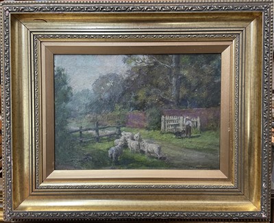 Lot 289 - Kenyon, Edwardian oil on canvas - shepherd and sheep in a lane, signed and dated 1904, 24cm x 35cm, in gilt frame