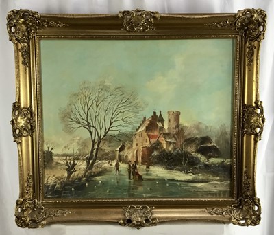 Lot 297 - Dutch School, 20th century, oil on board - Frozen Lake, indistinctly signed, 50cm x 60cm, in gilt frame