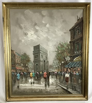 Lot 298 - French School, 20th century, oil on canvas - Parisian view, indistinctly signed, 60cm x 50cm, in gilt frame
