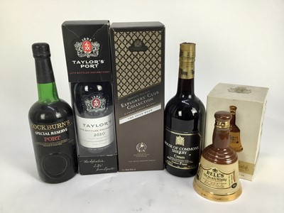Lot 33 - Six bottles, Johnnie Walker The Spice Road, boxed, two bottles of port, House of Commons sherry and two Bell's whisky bell shaped decanters