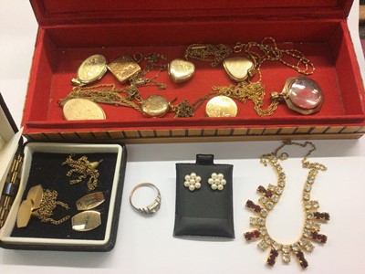 Lot 1001 - Pair 9ct gold seed pearl flower head stud earrings, together with a group of gold plated locket pendants on chains and other costume jewellery