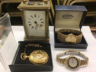 Lot 1003 - Brass carriage clock, Rotary gold plated wristwatch in box, one other wristwatch and gold plated pocket watch on chain