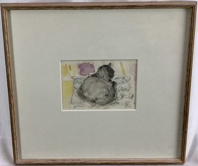 Lot 154 - Jacqueline Rizvi (b.1944) pencil and watercolour cat sketch- Joanna on a Cushion