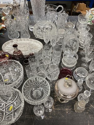 Lot 140 - 19th century cranberry glass bowl and cover, with Elizabeth Cannon label, various other cut glass
