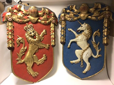 Lot 125 - Pair impressive 1950s crowned Royal lion and unicorn wall shields