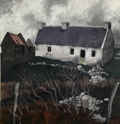Lot 2 - *Dione Page (1936-2021) gouache and pastel on paper -cottage and stone walls, signed, titled indistinctly, 57cm x 58cm