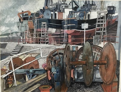 Lot 3 - *Dione Page (1936-2021) two works, gouache and pastel on paper laid on card -‘The Shipyard’, and Inisheer beach, signed, titled and dated, both 77cm x 60cm, unframed