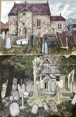 Lot 7 - *Dione Page (1936-2021) two works, gouache and pastel on paper - ‘Old Byland Chapel’ and another similar, signed and titled, unframed