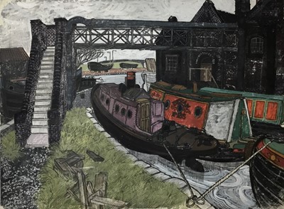 Lot 13 - *Dione Page (1936-2021) gouache and pastel on paper - canal boats, signed and titled indistinctly, pencil sketch verso, 77cm x 57cm unframed