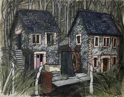 Lot 17 - *Dione Page (1936-2021) gouache and pastel on paper laid on card - ‘Old Derbyshire Mill’, signed titled and dated ‘89, 78cm x 60cm, unframed