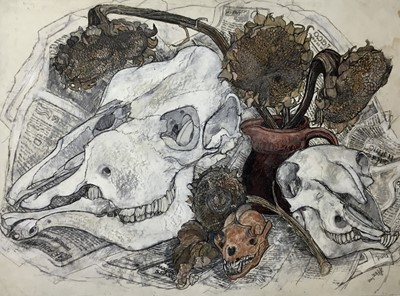 Lot 242 - *Dione Page (1936-2021) two works, gouache and pastel on paper - ‘Very Still Life’, and ‘Dolls’, signed titled and dated, unframed