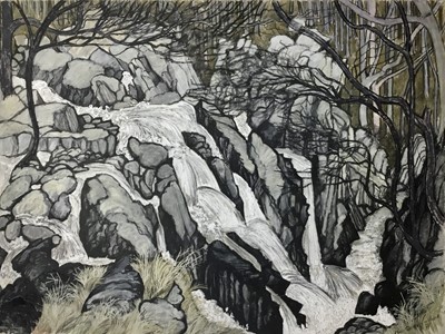 Lot 20 - *Dione Page (1936-2021) gouache and pastel on paper laid on card - ‘Afon Gamlan waterfall’, signed titled and dated ‘82, unframed