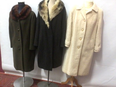 Lot 2072 - Ladies 1950's / 60's coats including black mohair with faux fur collar, green wool coat with mink collar by Grofus London, cream mohair coat by Kashmoor, Dereta of London wool and mohair coat plus...