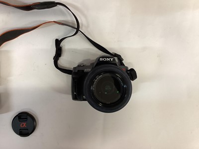 Lot 2369 - Sony a330 digital SLR camera, together with lenses, case, etc, other cameras, and a Olivon T-80 spotting scope