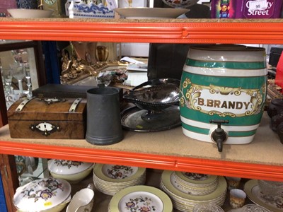 Lot 93 - Victorian walnut sewing box, pewter tankard engraved 'King's Arms', silver plated items and a Brandy barrel