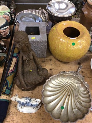 Lot 23 - Sundry items, including a pottery sculpture, Willow pattern cow creamer, silver plate, etc