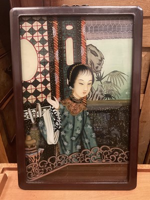 Lot 134 - Chinese reverse painting on glass, depicting a courtesan in an interior