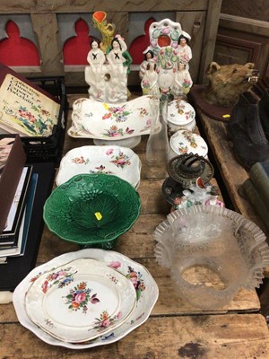 Lot 38 - Group of 19th century Crown Derby floral painted dinner wares, including a pair of tureens, together with Staffordshire figures, an etched Victorian oil lamp shade and a majolica footed dish
