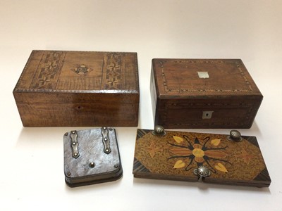 Lot 2517 - Two 19th century inlaid boxes, a flower press, and a leather studded box (4)