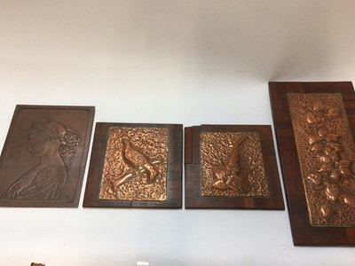 Lot 2514 - Arts and Crafts relief decorated copper portrait plaque together with three similar art nouveau copper plaques (4)