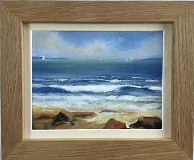 Lot 60 - David Slater (b.1943) acrylic on board - ‘Distant Sails’, monogrammed, 21cm x 16cm, framed