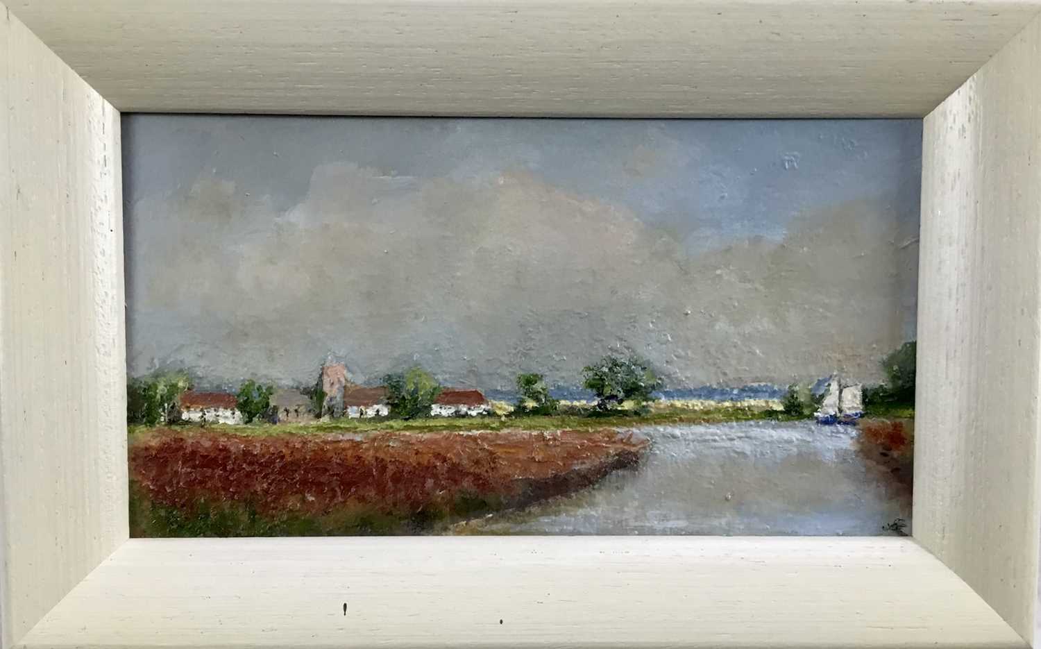 Lot 67 - David Slater (b.1943) oil on board - ‘Near Ludham, Norfolk’, 21.5cm x 11.5cm, monogrammed, framed